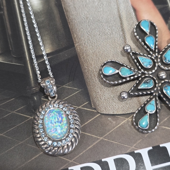 Sajen Jewelry - Elegant Sterling Silver and Opal Pendant w/ Aquamarine.